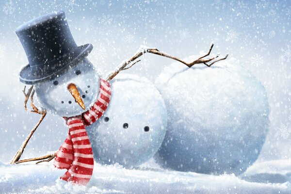 A snowman with a hat and a scarf in the snow