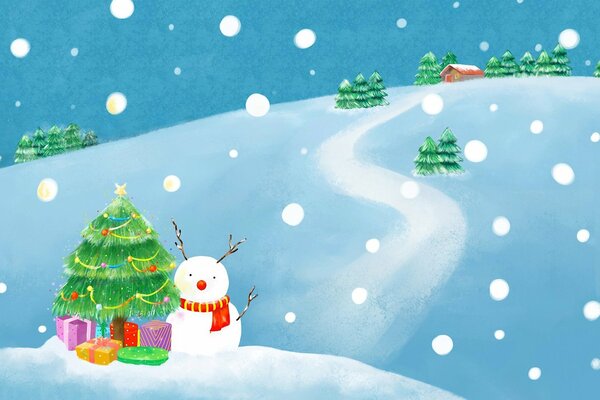 Disegno di Capodanno. Pupazzo di neve all albero di Natale con regali