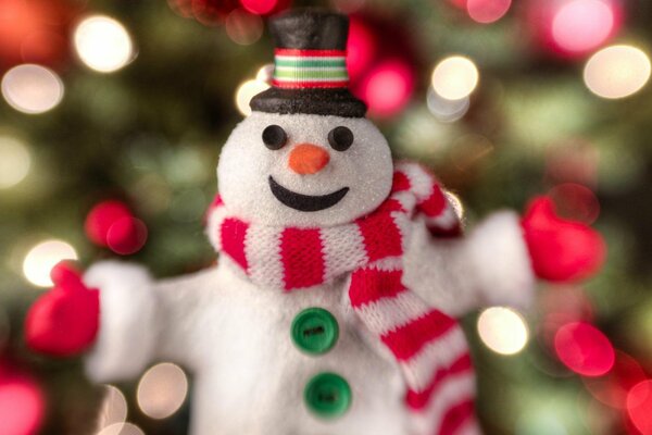 Smiling snowman on the background of lights