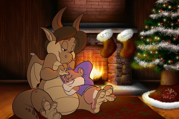 Cute dragon near the fireplace under the Christmas tree