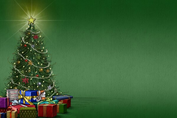 Albero di Natale dipinto con un mucchio di regali sotto
