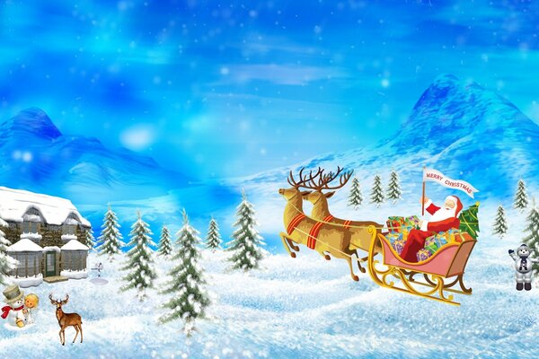 Santa Claus racing on reindeer towards houses and mountains against the night sky