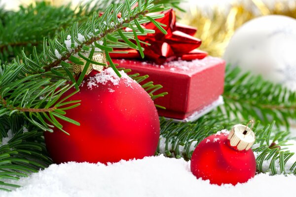 Decorations and a gift box in the snow under a fir branch