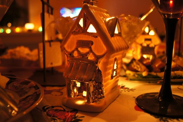 Decoration of the house. Festive table. Flashlights