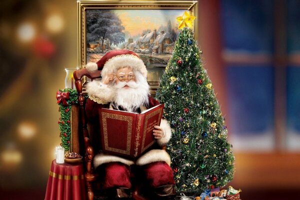 Santa Claus is sitting on a chair near the Christmas tree