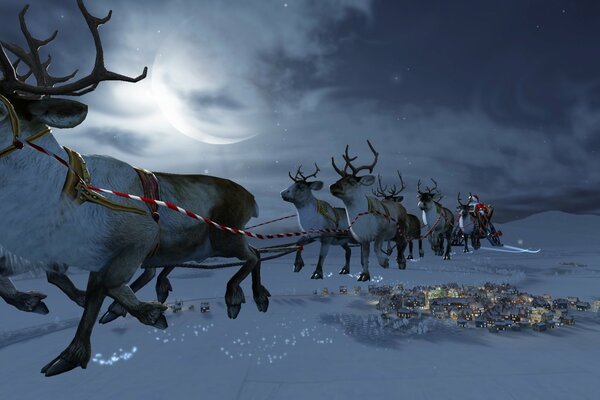 Magical reindeer and Santa Claus are in a hurry for Christmas