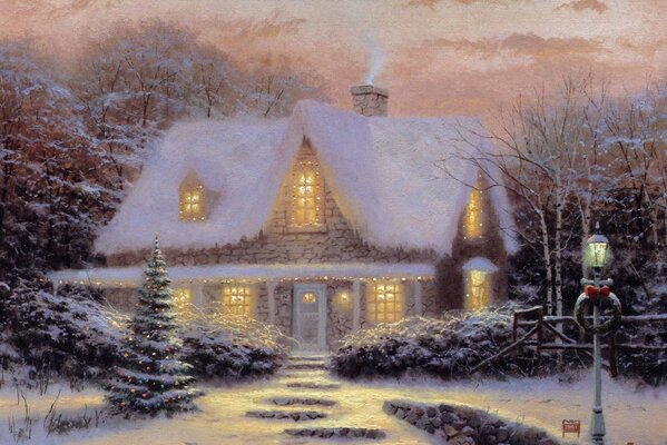 Piękny domek Kincaid pod śniegiem w Wigilię