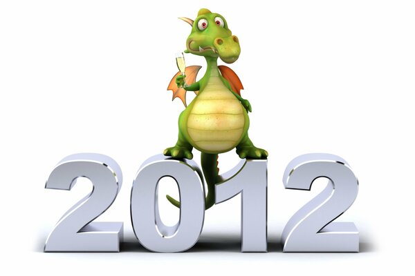 The New Year s dragon stands on silver numbers 2012 on a white background