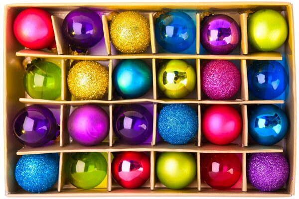 Colorful toys for the Christmas tree in a box