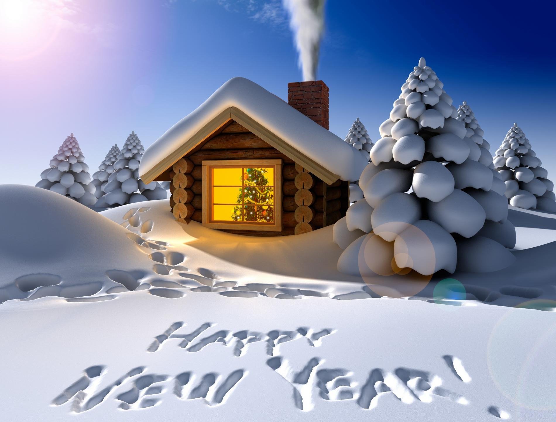 holiday new year winter house snow drifts christmas tree traces garland decoration greeting inscription smoke night