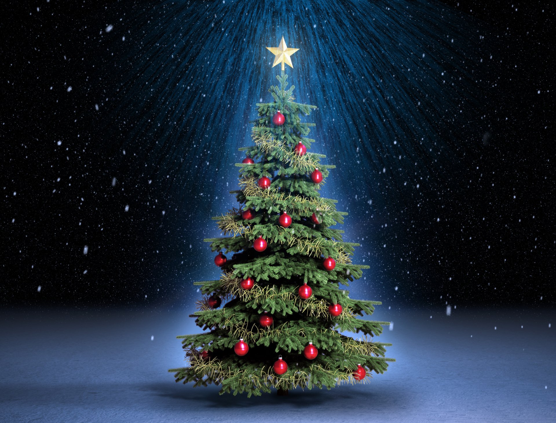 christmas tree snow magic new year christmas spruce night magic rays star balls red holiday christmas tree