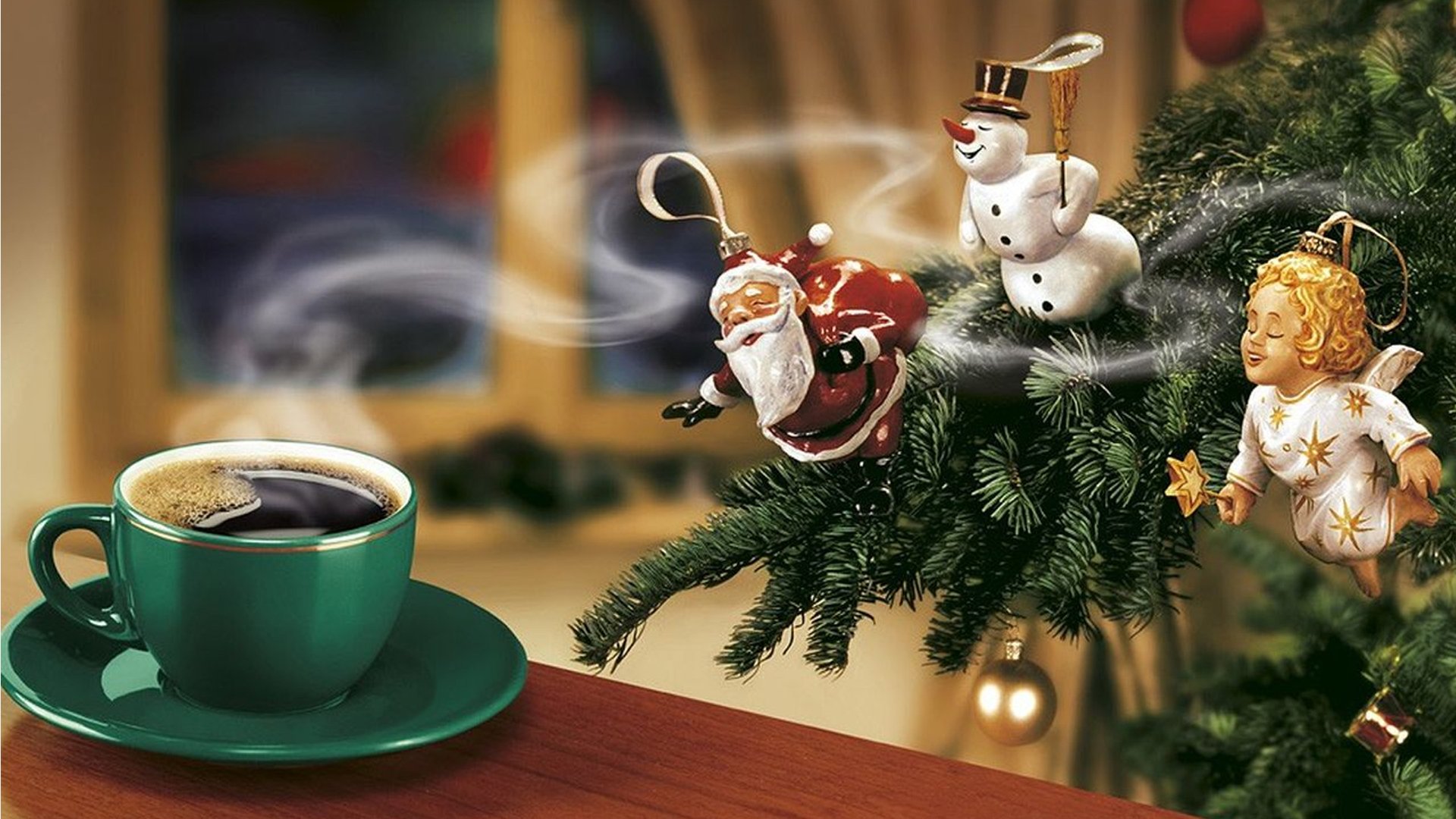 new year coffee christmas tree father christmas snowman angel