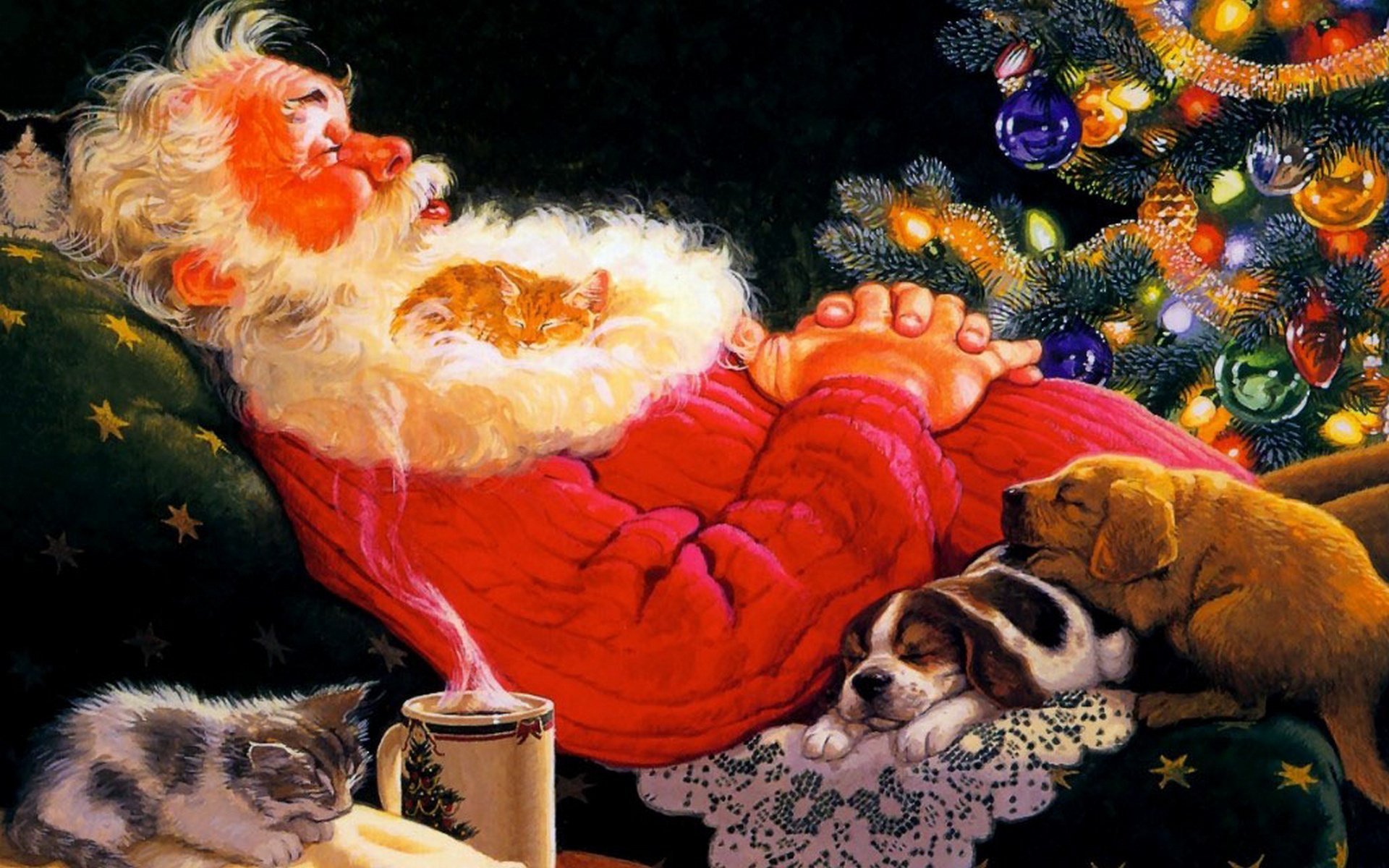 babbo natale dormire tom newsom immagine disegno sedia gattini foche cuccioli cagnolini babbo natale albero di natale tazza coppie sfondo nero