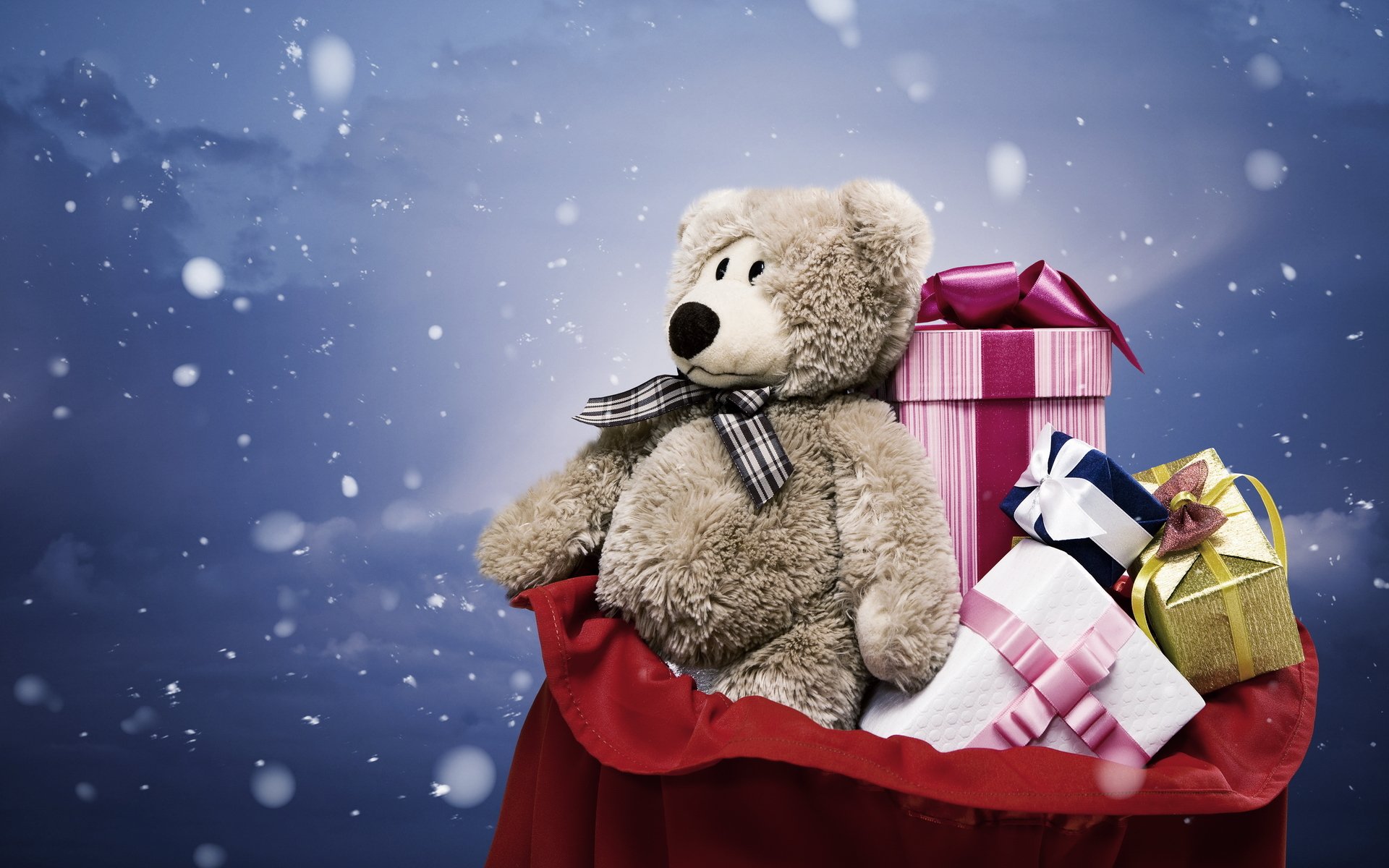 urlaub neujahr geschenke boxen verpackung bögen spielzeug grau plüsch teddybär tasche schnee bär geschenk