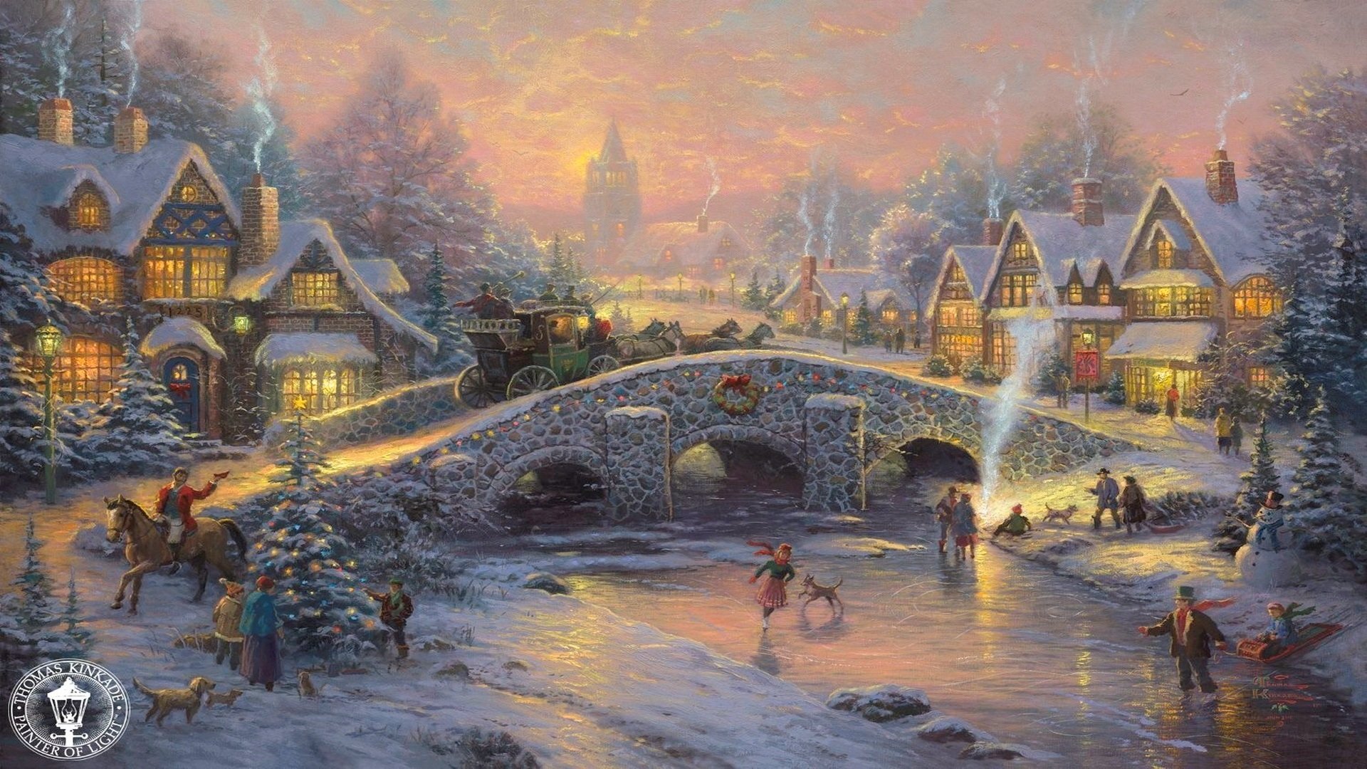 esprit de noël thomas kincaid belle noël village village pont carrosse royal chevaux patinoire patins luge élégant arbres de noël vacances