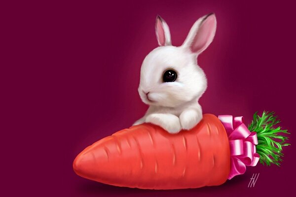 Kleines Kaninchen auf einer großen Karotte