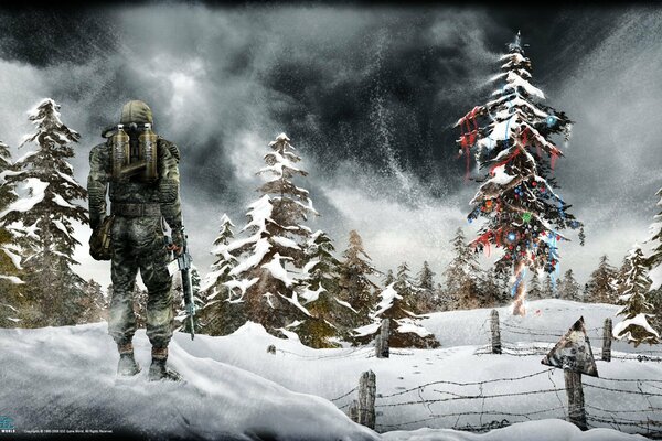 A man in combat gear with gas cylinders on his back and a machine gun in his hand looks at a Christmas tree in the world of the apocalypse