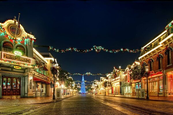 Decoration of the city, streets with lights, garlands