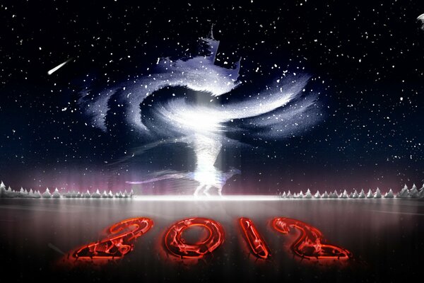 New Year wallpaper with neon red numbers 2012 on ice on a starry sky background