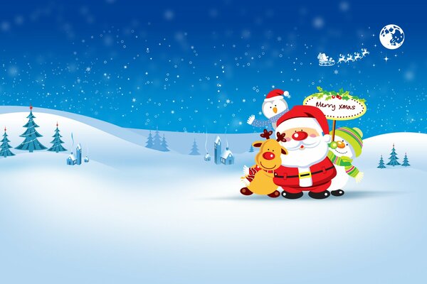 Cartoon Christmas picture with Santa Claus snowman and funny deer