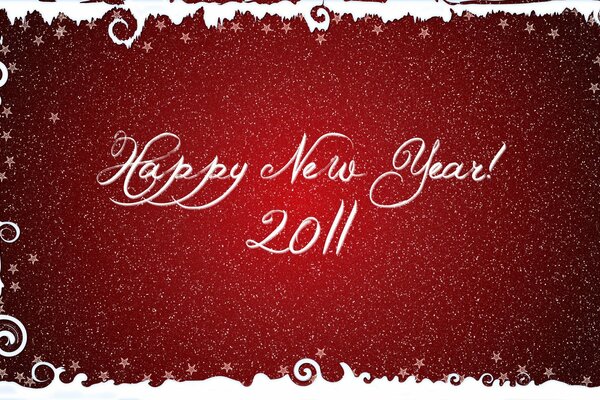 New Year s greeting inscription on a red background with snowflakes