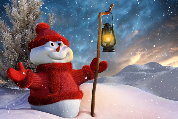 A snowman in a red fur coat mittens and a hat holds a flashlight and rejoices in the snow