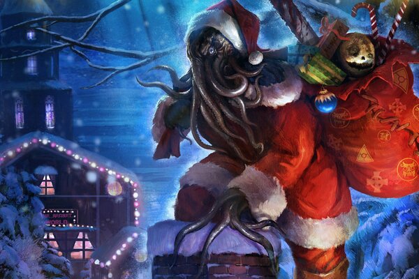 Cthulhu Santa Claus lleva regalos para el año nuevo