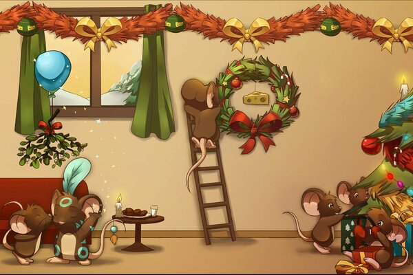 Natale ai topi, i topi decorano la loro casa