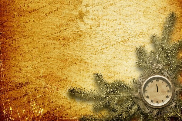 New Year s background inscriptions on parchment and a clock with a fir branch