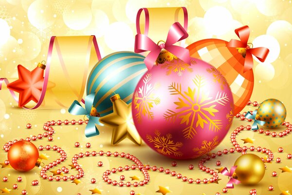Imágenes de un nuevo año con decoraciones de Navidad - bolas. cuentas y cintas