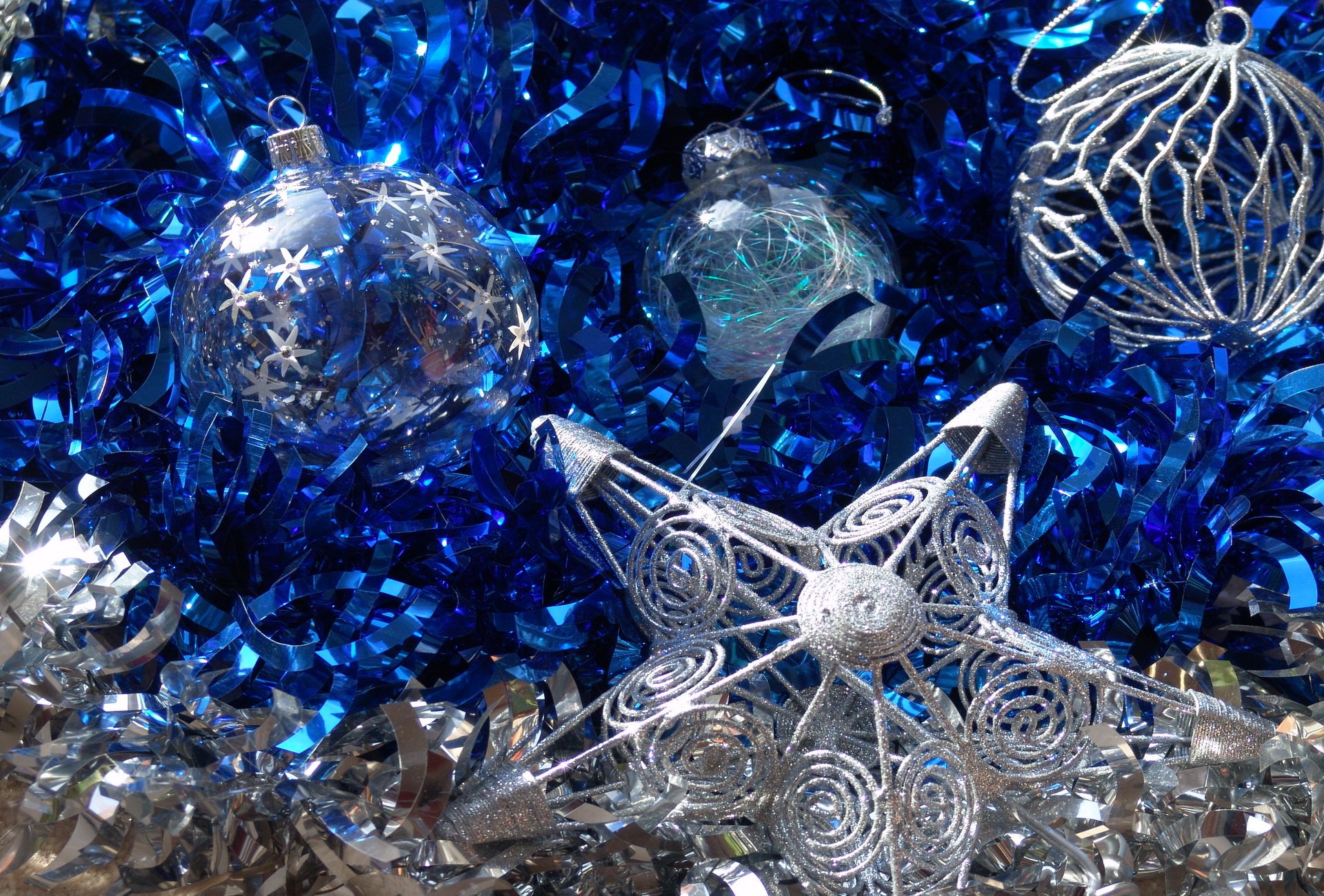 bulbs toys star new year holiday tinsel sparkling blue