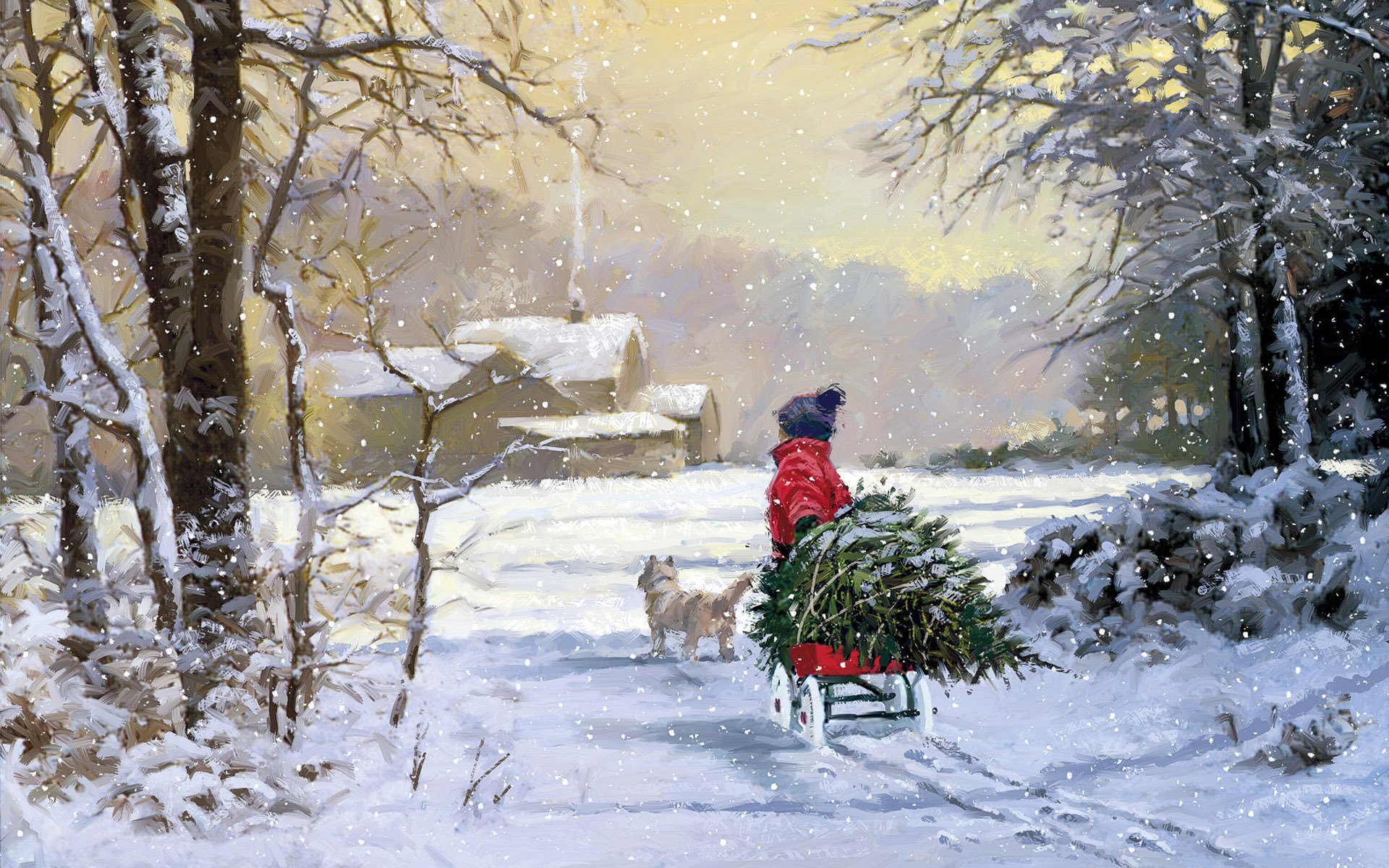 chien arbre de noël enfant hiver