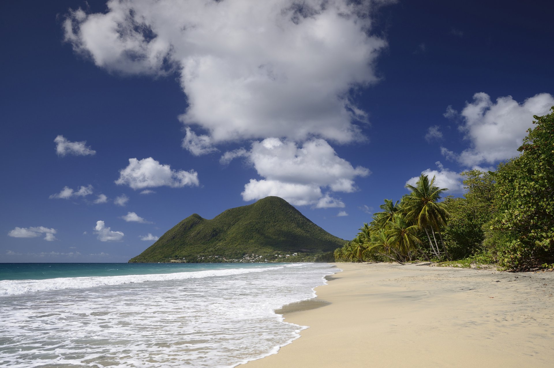 oceano spiaggia sabbia palme montagna cielo nuvole