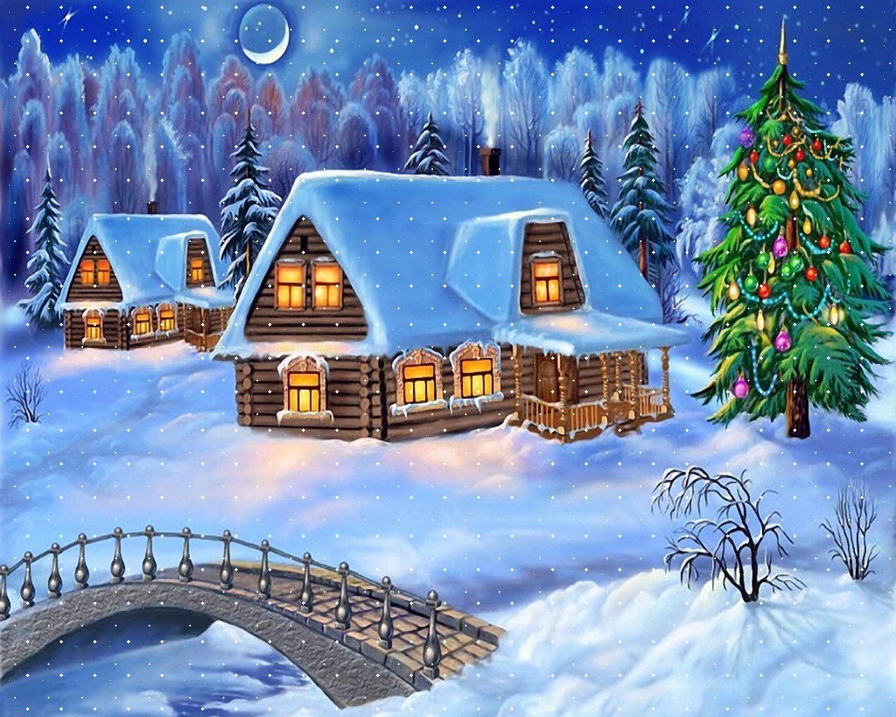 зима снег домик мостик