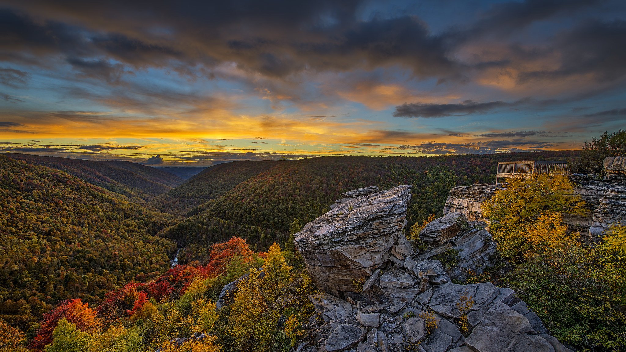 ky clouds glow mountain tree river rock observation deck