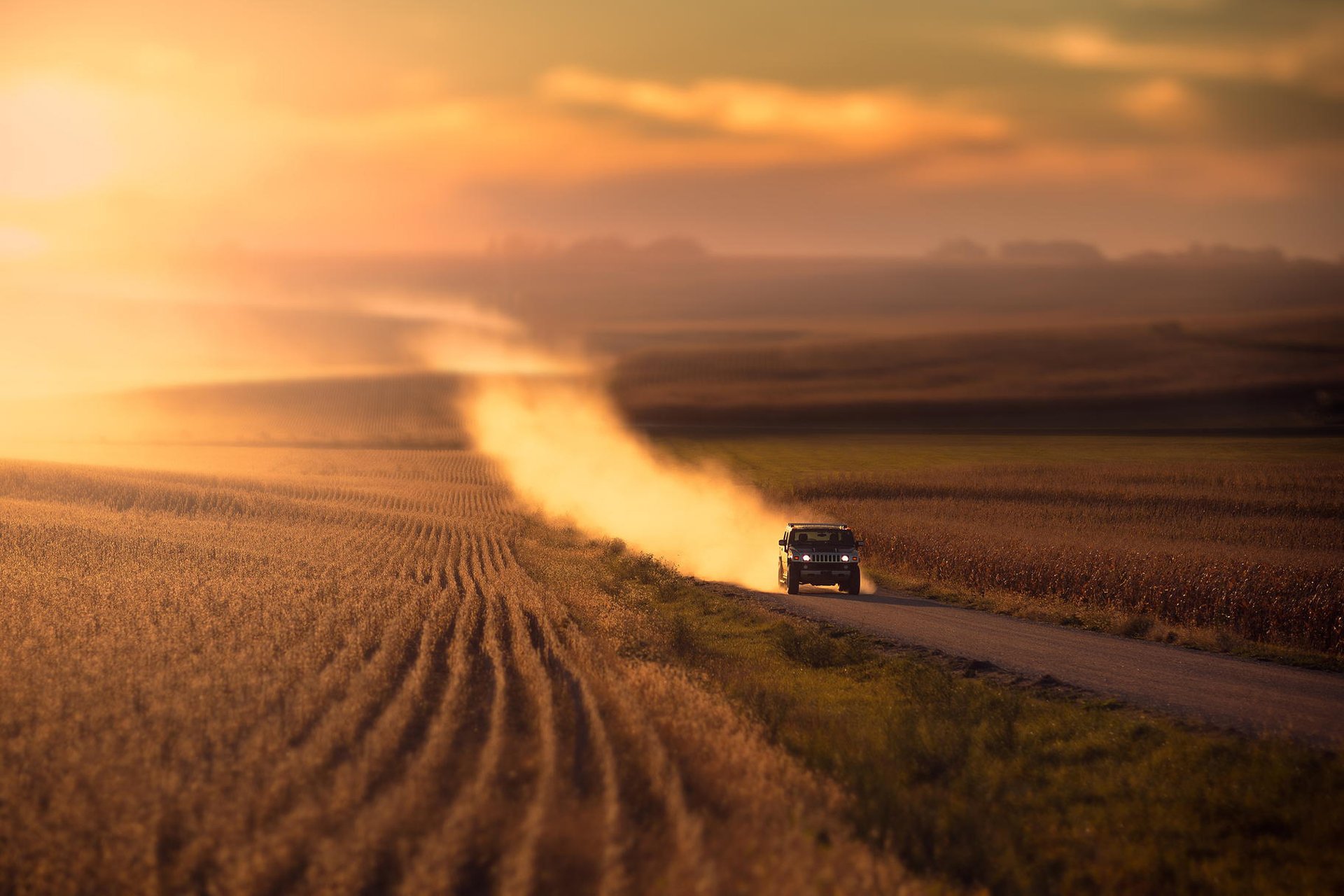 the field nature grass road machine dust sunset light