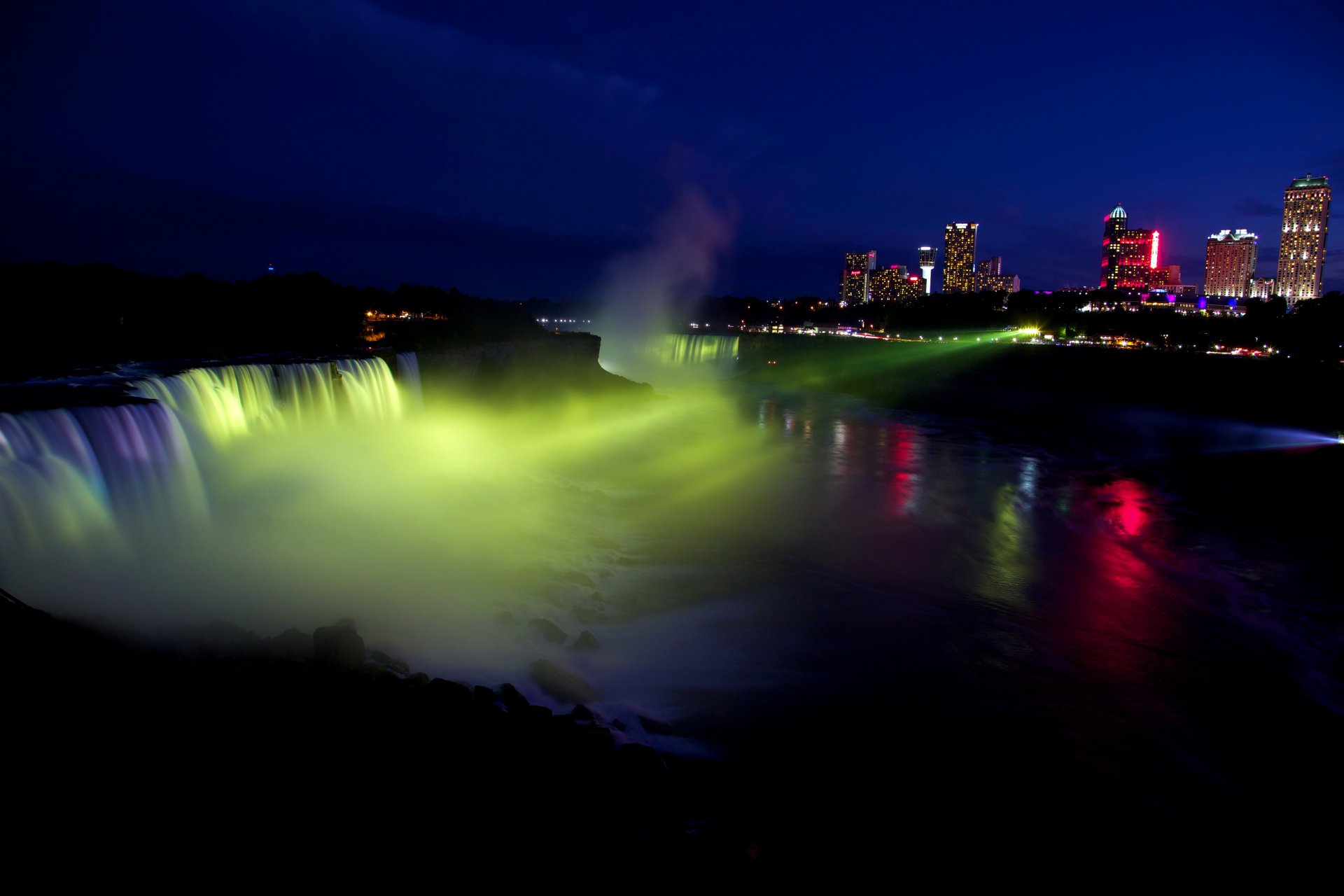 united states niagara falls river waterfall night lights light spotlight town house