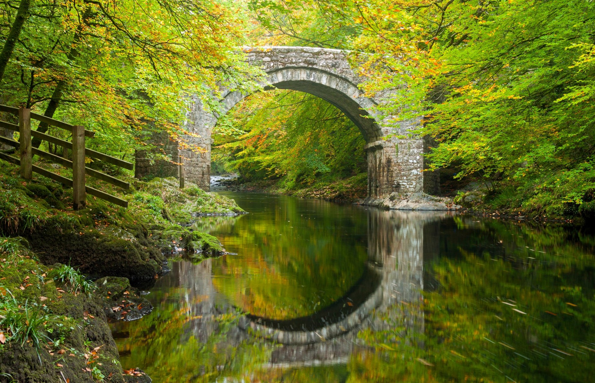 holne bridge dart river dartmoor devon england holne bridge dart river brücke bogen fluss reflexion wald bäume herbst