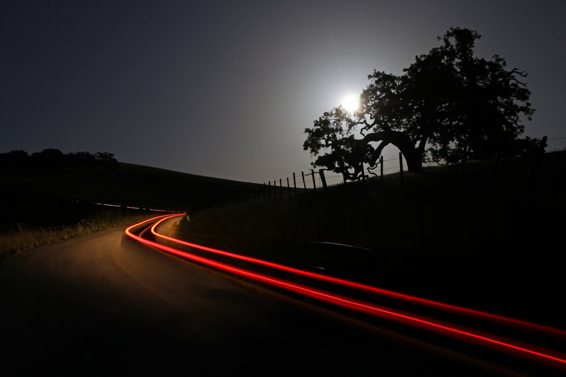 himmel mond nacht bäume straße lichter