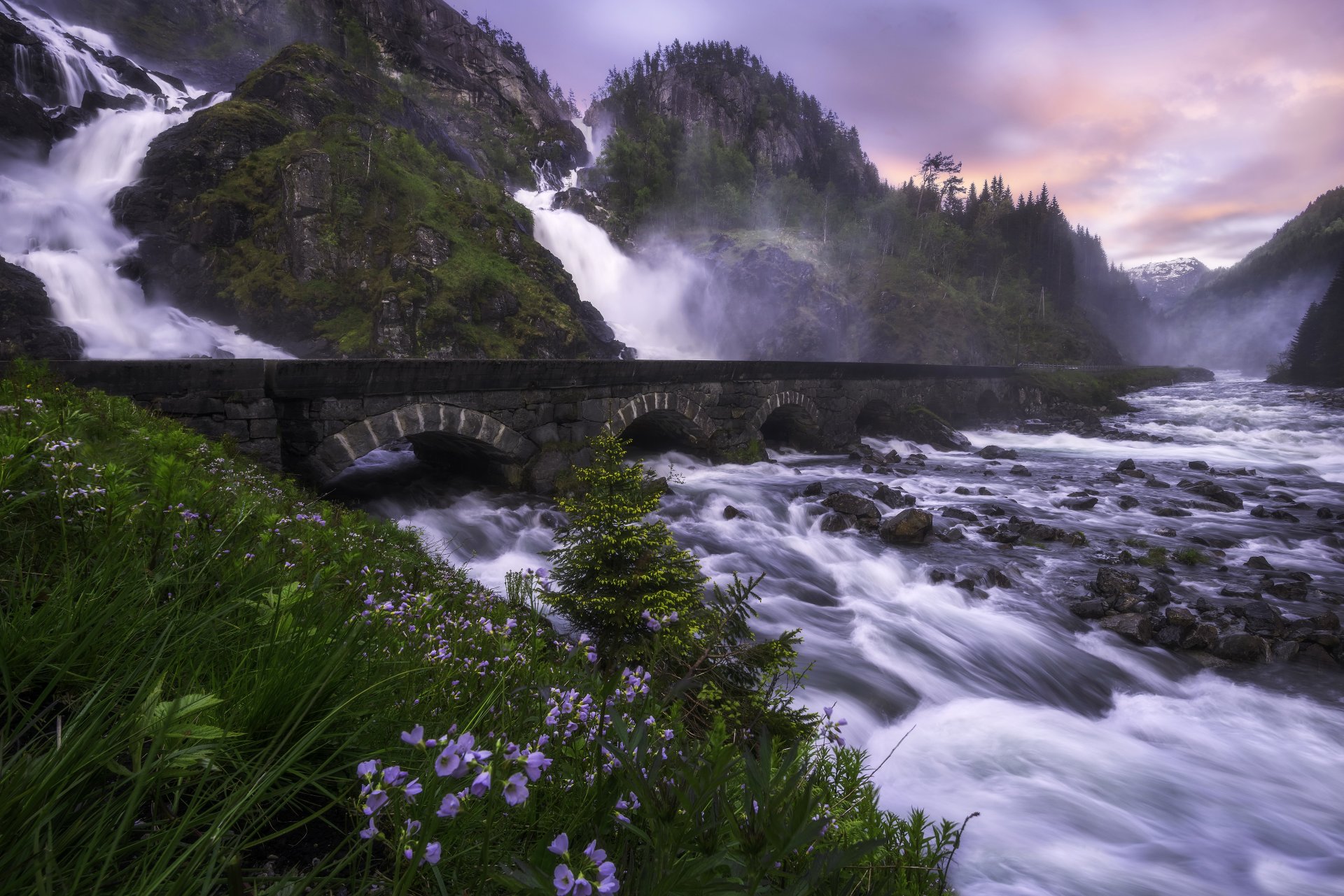 lotefoss odda norway waterfall cascade river bridge rocks mountains stones flower