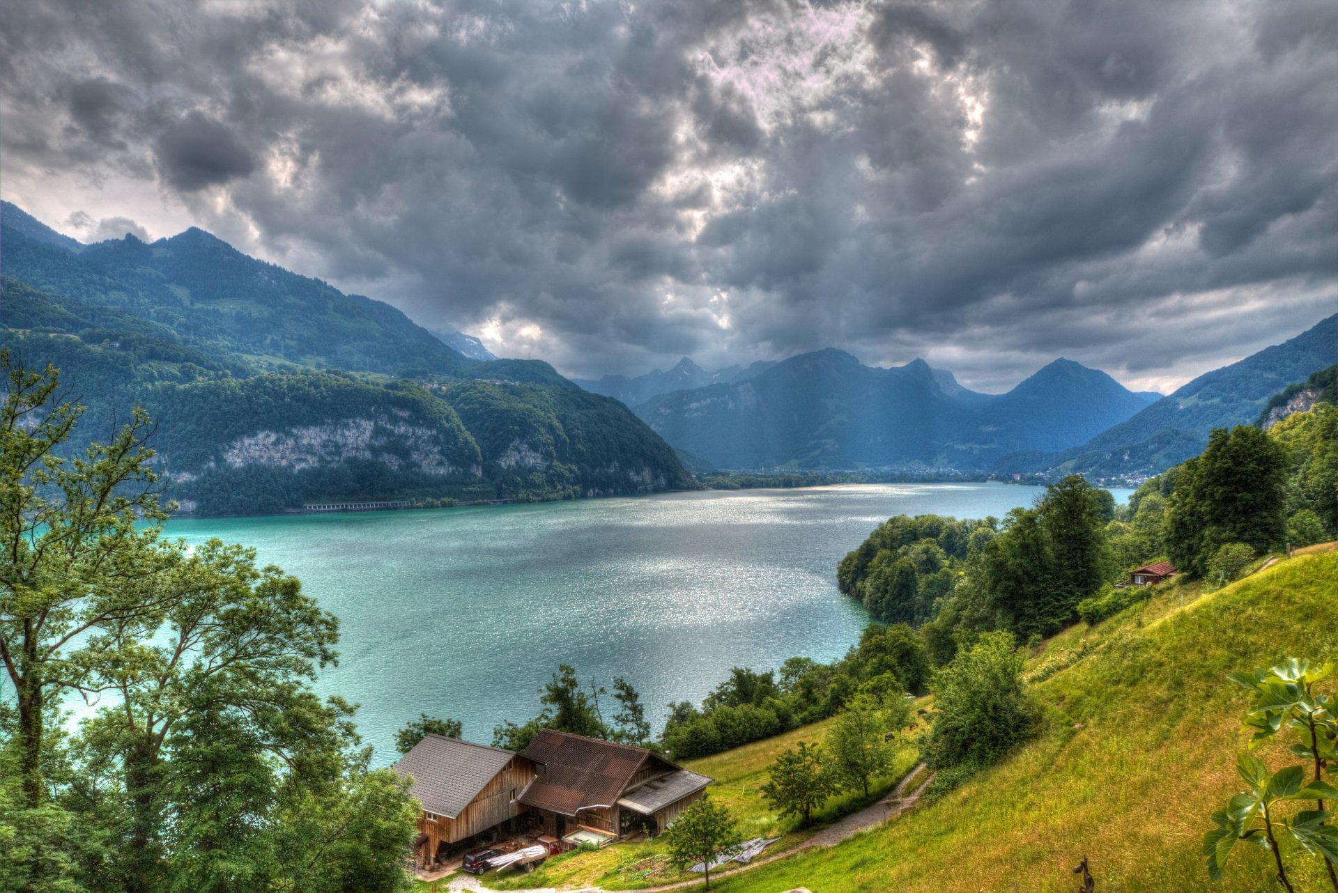 lake walensee alps switzerland lake walensee lake mountains houses trees cloud