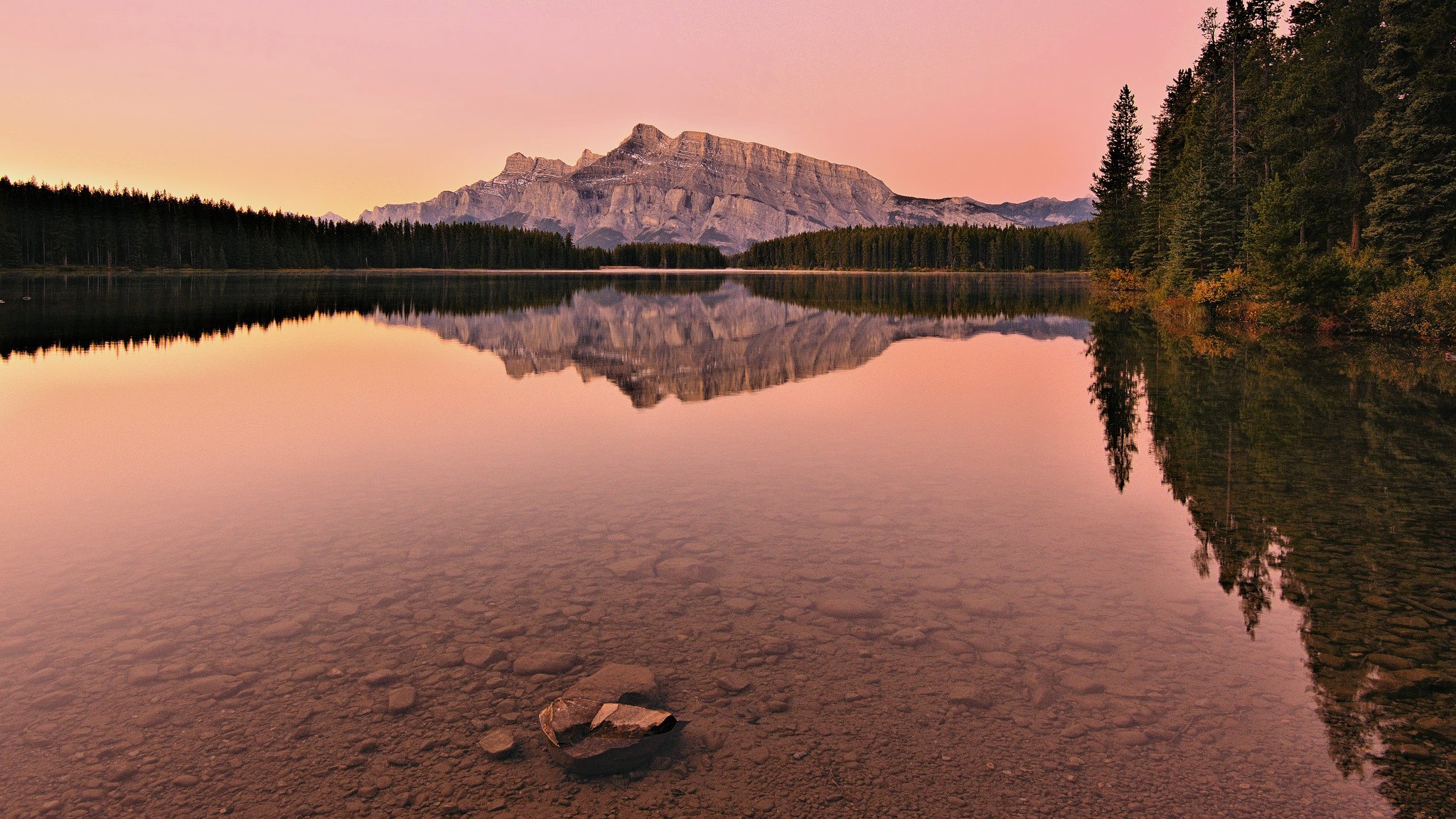 monte rundle due jack lake parco nazionale di banff alberta canada banff lago fondo riflessione montagne foresta