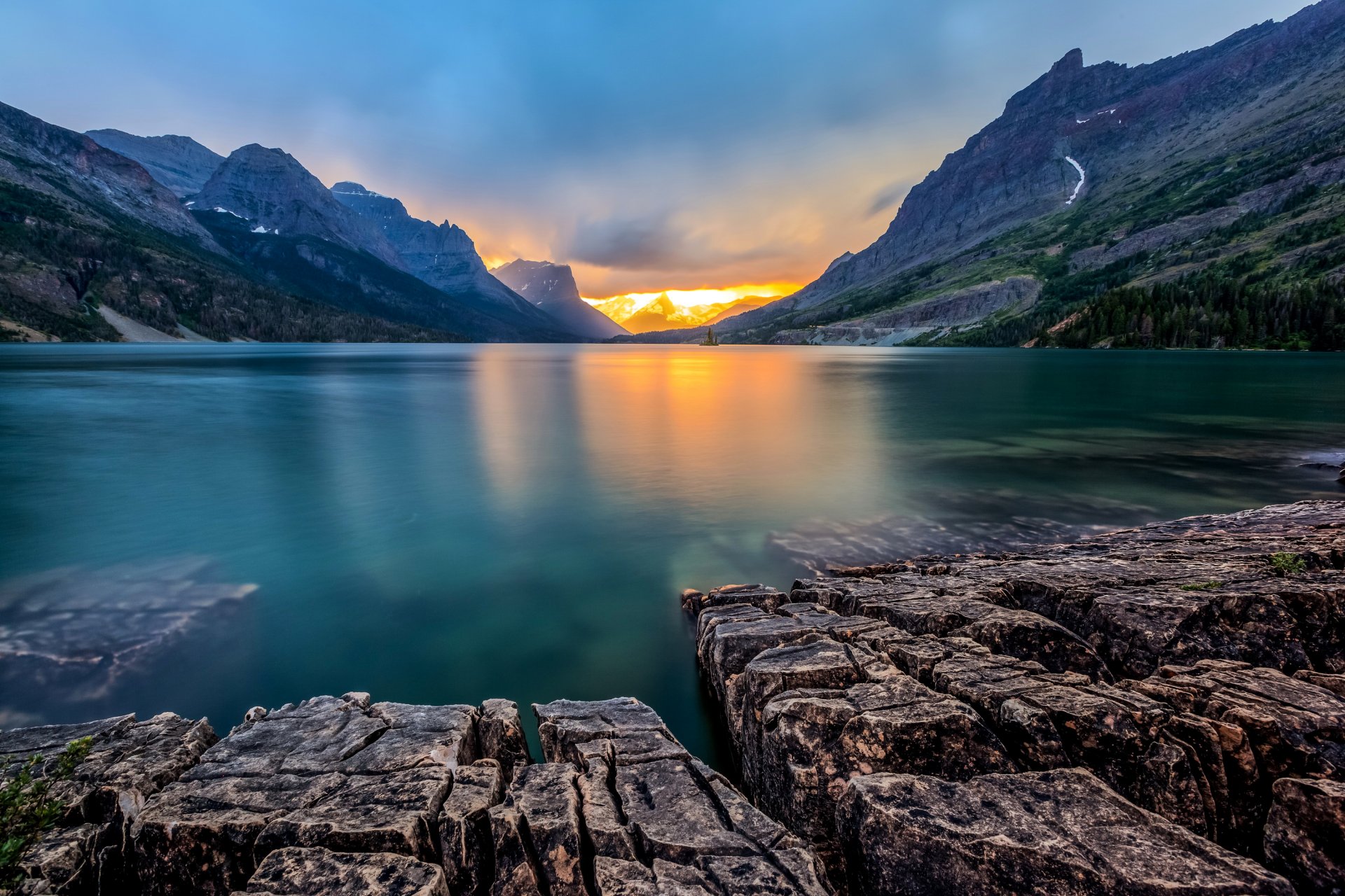 mountain rock stones lake sunset saint mary lake glacier national park montana