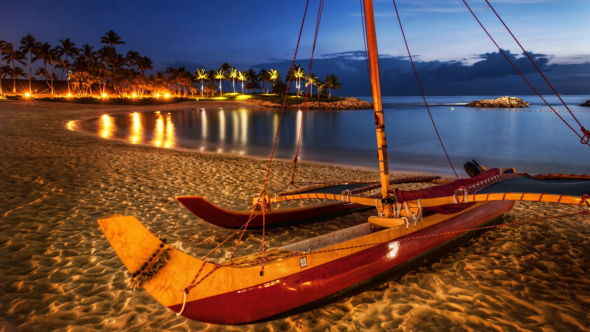 himmel nacht meer lichter ufer palmen boot hdr