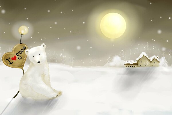 Polar bear with a heart on the background of snow