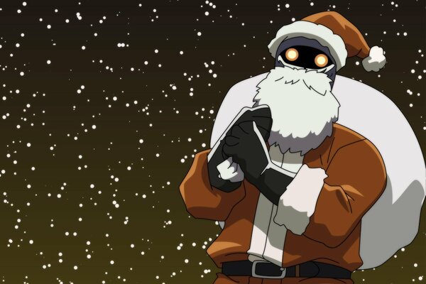 Cartoon robotic Santa Claus with a bag