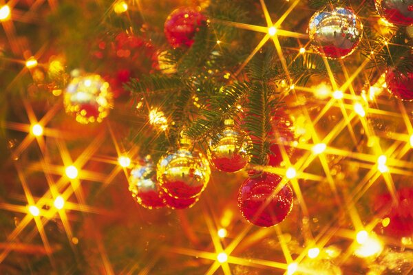 Las luces parpadean en el árbol de Navidad, las estrellas se encienden y los juguetes cuelgan