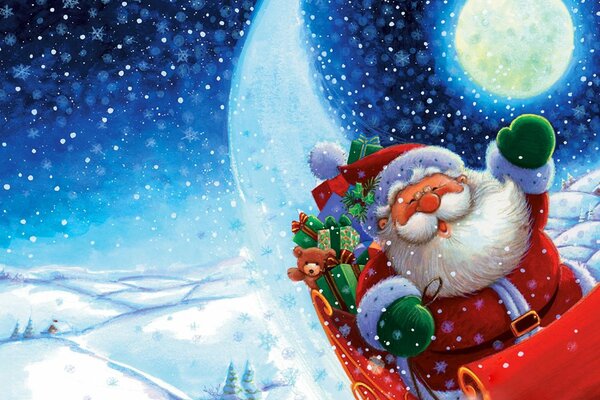 Santa Claus with gifts in a sleigh