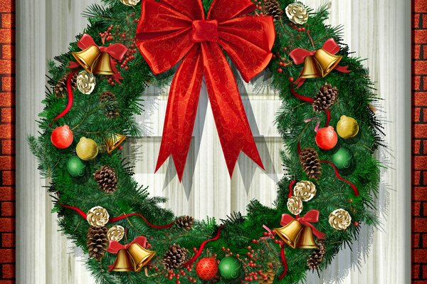 A fir wreath with a bow decorates the door for the new year
