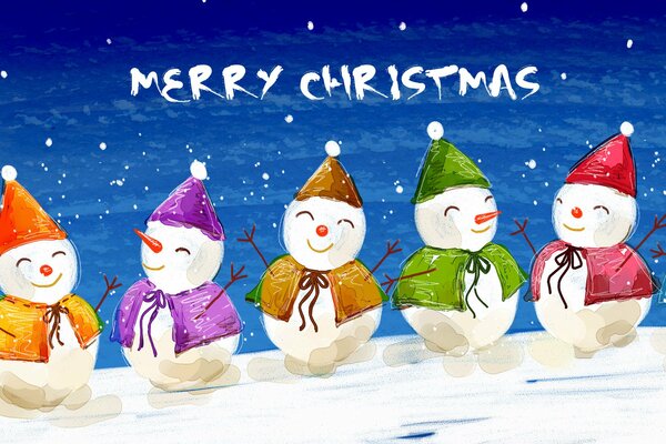 Five funny multi-colored snowmen